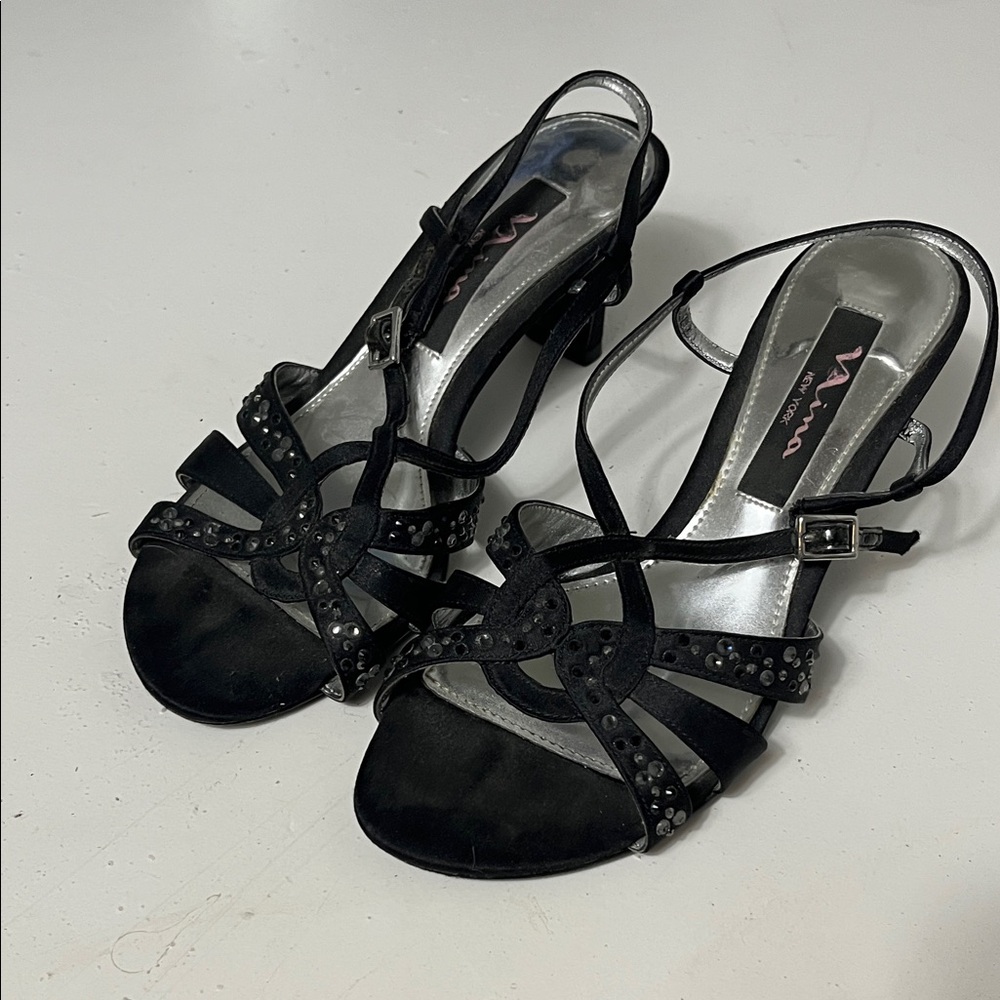 Nina New York Sz 6M Black Strappy Studded Open Toe Heels